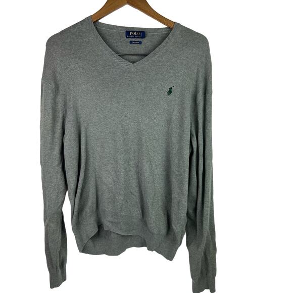 Polo Ralph Lauren Sweater Men's Large Gray V-Neck Pullover Green Pony Logo - Picture 1 of 10